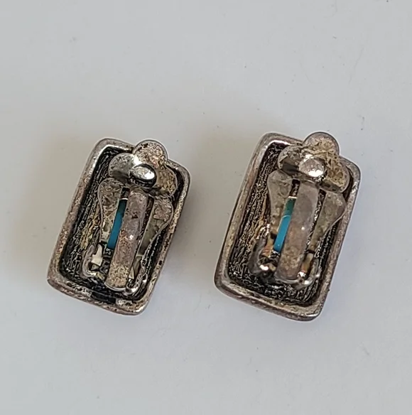 Vintage Boho Greco Roman Turquoise Silver Filigree Square Stud Clip-On Earrings - Picture 6 of 8